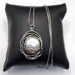 925 Sterling Silver Wired Freshwater Pearl Pendant Necklace Size 18”